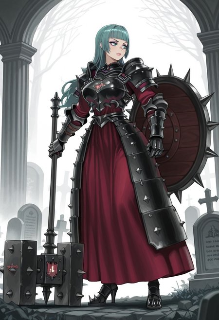 source_vanillaware,

1girl, solo,

AlcinaIL, Alcina Unicorn Overlord, milf,

cyan eyes, aqua hair, long hair, chopped bangs, purple eyeshadow, detailed lips, glossy lips 

dark armor, armored dress, spiky armor, large breasts, wide hips,

black pauldrons, black breastplate, black gauntlets, red dress, black heels,

steel hammer, holding weapon,

sexy, looking away,

spiked shield, shield on arm,

graveyard background,