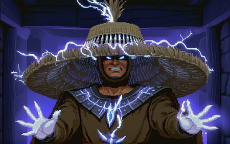 <lora:bigtroubleinlittlechina sdxl - damocles_aaa:0.9> <lora:lucasarts style:1.3> lucasarts style,
, 2d flat shading, pixel art, video game screenshot
,lghtn man, lightning eyes,(conjuring lighting), wearing a hat,raised hands