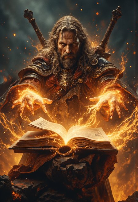 Depict an epic and heroic scene featuring a battle-hardened sorcerer in the midst of casting a powerful spell. The mage stands on a jagged cliff edge, shrouded by a fiery sky that glows with the intensity of a brewing storm. His armor is intricately detailed, adorned with glowing runes and crimson accents that radiate an aura of raw power. A massive sword is strapped to his back, further emphasizing his dual mastery of combat and magic.  In front of him, a mystical, ancient tome floats in midair, its pages glowing with golden light as runic inscriptions emerge and hover around its edges. The mageâs piercing gaze is fixed on the book, his expression intense and determined, as if unraveling a secret of immense importance.  Both of his hands are raised, radiating visible streams of magical energy. Fiery, circular runes hover just above his palms, spinning and pulsating with brilliant orange and gold hues. Sparks and tendrils of energy arc outward from the runes, illuminating the scene with a chaotic yet mesmerizing glow. The dynamic motion of the magical elements draws the viewerâs eye, conveying the immense force he is channeling.  The background is alive with energy, with embers and dust swirling through the air, adding a sense of urgency and grandeur to the composition. The lighting is dramatic, with the fiery glow of the magic casting bold highlights and shadows on his battle-worn armor and rugged features. The overall scene exudes power, determination, and the high stakes of a climactic moment in an epic tale. <lora:flux_sparklycism.safetensors:0.5>,  <lora:Dever_Flux_Enhancer.safetensors:0.5>,  <lora:Elden_Ring_-_Yoshitaka_Amano.safetensors:1.0>,  <lora:Movie_Portrait.safetensors:0.6>,  <lora:- Flux1 - soothing_atmo_V2.0.safetensors:0.3>,  <lora:lith_mimosa_kiel_grw134_FLUX.safetensors:0.5>,