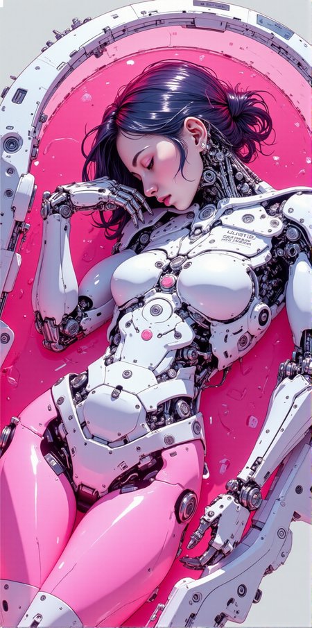A digital artwork in the style of cknc, beautiful cyborg girl curled up and sleeping inside of artificial womb machine, her robotic body is submerged in pink transparent fluid<lora:ck-nc-pastel-cyberpunk:1.2> <lora:BLUE_mk4_angel_FLUX_01:1.3> <lora:CPA:1>