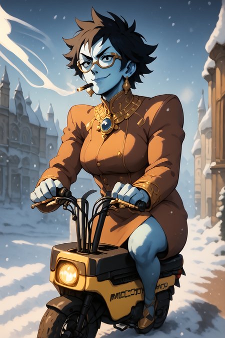 royal blue skin, black hair, spikey hair, angular gold glasses, fancy gold jewelry, smug, smoking,  <lora:RD-MAnon-XLV1.1:1>, inf front of a café looking out over a artic snow field, ((motocompo)), solo, standing, behind  <lora:motocompo_detailed:1.5> ground vehicle, riding motocompo, , source_anime, score_9_up, score_7_up, score_8_up