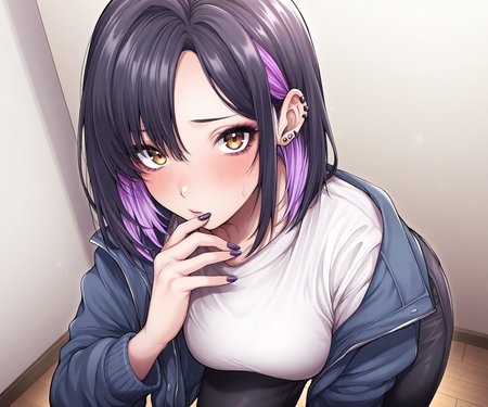 masterpiece, best quality, amazing quality, 1girl, solo, shirt, jacket, pants, looking at viewer, two-tone hair, black hair, purple hair, mascara, ear piercing, nail polish,   sfw, <lora:Yawano Yawa ILL-v2:1> yawano_yawa