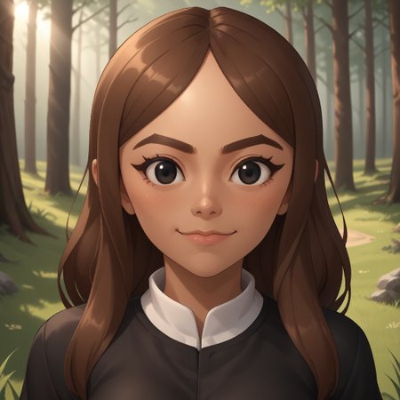 score_9, score_8, BREAK, solo, mii, wii, wii sports, female mii, 1girl, brown hair, black eyes, brown eyebrows, dark skin, blush, black clothing, black pants, sandals, breasts, cute, Chika_(Wii_Sports), nintendo mii, modern_mii, classic_mii, sexy pose, smile, outdoors, sunlight, shadows, evening lighting, natural lighting, forest, trees, grass, orange sky, sunset