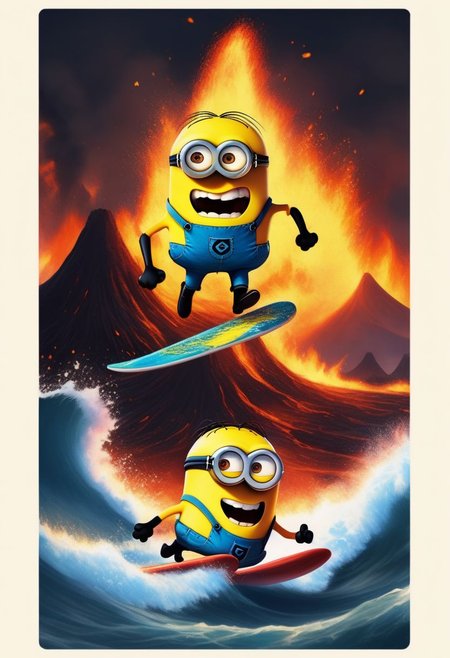 minions surfing down lava on the side of a volcano, fire and smoke, epic funny and happy, text "fire surf"