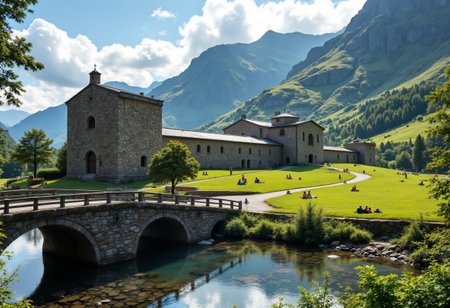 A professional photograph of a peaceful landscape featuring a large stone building nestled at the base of a mountain. The building has a long, rectangular shape with a central tower, standing on a green lawn that gently slopes down to a lake. The mountain behind is covered in green and brown vegetation, with clouds hovering around the peak. A stone bridge with wooden railings crosses over the calm lake in the foreground, reflecting the serene surroundings. The scene is bright and sunny, with a few people scattered around the grassy area, enjoying the natural beauty,aidmafluxpro1.1