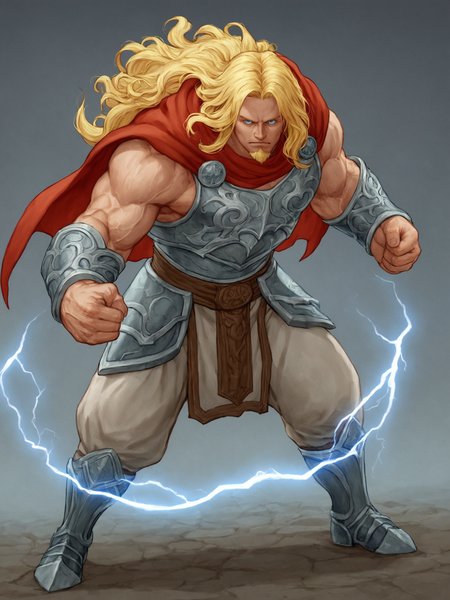 score_9, score_8_up, score_7_up, in kinu-sensei artstyle, solo, 1boy, Thor \(marvel comics\), muscular, veins, sleeveless, tunic, ornate, metal armor, red cape, bushy beard, blonde hair, blue eyes, flowing hair, clenched fists, fighting stance, breastplate, pauldrons, vambraces, greaves, cropped feet, dynamic pose, lightning, thunder, electric aura, foreshortening, <lora:Kinu_Nishimura_Capcom_Style_LoRA_Pony-000010:0.75>