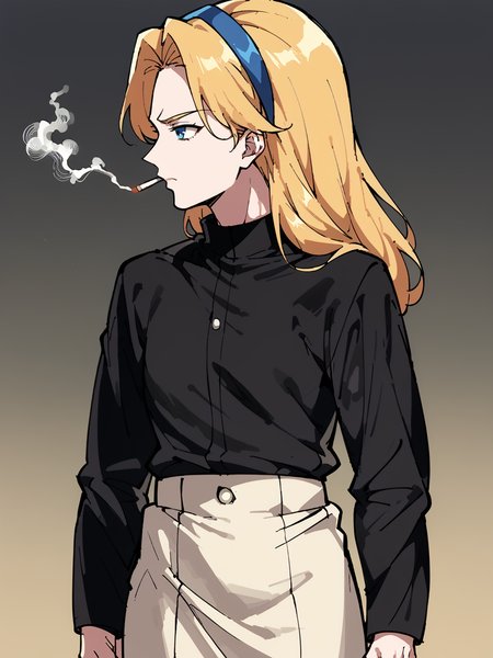 source_anime, score_8_up, unifiedmaria <lora:Unified Maria (PDXL):0.75> 
<lora:BaitUsedToBeBelievablePDXL:1> smoking, looking away, black shirt