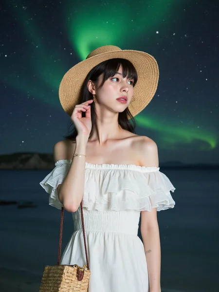 There are wonderful studio lights and various reflections,
18yo beautiful cute girl with blushing and female orgasm.skin naturally showing the texture of blood vessels and detailed pale skin,
--,
<lora:Nakajo_Ayami_f1:1>,she is Nakajo Ayami,
(Ruffled_off-the-shoulder_dress:1.5),(Straw_hat:1.4),(Basket_woven_bag:1.3), Dazzling Northern Lights Witness the magical dance of the Aurora Borealis in the night skies of Iceland, painting the darkness with vibrant colors,, #å°å²æå