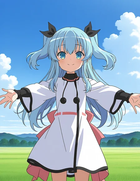 general,highres, ultra-detailed,very aesthetic,best quality ,best hands,  BREAK,  <lora:Noel_IS:1>  Noel, 1girl,solo, long hair, blue hair, two side up, blue eyes, hair ribbon, black ribbon,bangs, 2020s (style), anime coloring,
outstretched arms,  spread arms, smile, dress, cloud, sky, white dress, day, long sleeves, bow, blue sky, pom pom (clothes), closed mouth, anime coloring, outdoors, parody,
sky, grass,