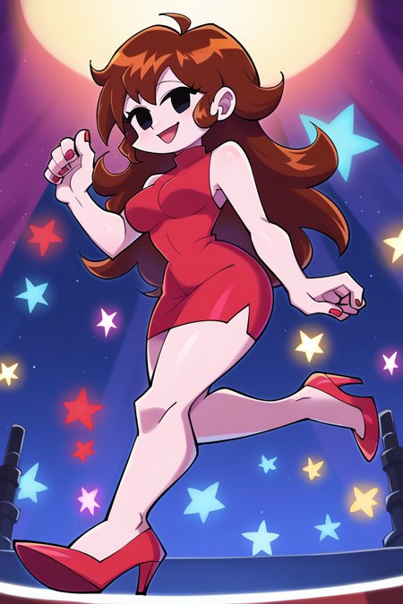 score_9, score_8_up, score_7_up, BREAK, <lora:sunafukitabito-guy-PONYv1:1>, 1girl, solo, breasts,  <lora:GirlfriendXLPDLoCon:0.9> girlfriend \(friday night funkin'\), red dress, sleeveless dress, short dress, bare shoulders, red footwear, high heels, black eyes, stage, stage lights,