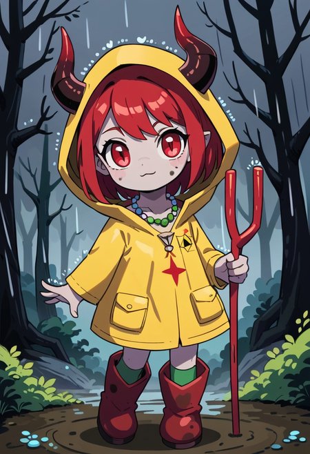 score_9, score_8_up, score_7_up, BREAK
highres, highly detailed, high resolution, high quality, 
source_anime, anime screencap, saturation, vivid colors, 
1girl, solo, luce, full body, standing, demon girl,
(dark red hair:1.2), (big dark red eyes:1.1), medium hair, cute, (grey skin:1.1), (horns:1.2), 
(long black raincoat:1.1), dirty black rubber boots, 
pentagram necklace, holding red trident, 
forest background, path, rain, 
hds style, cel shading, linear hatching