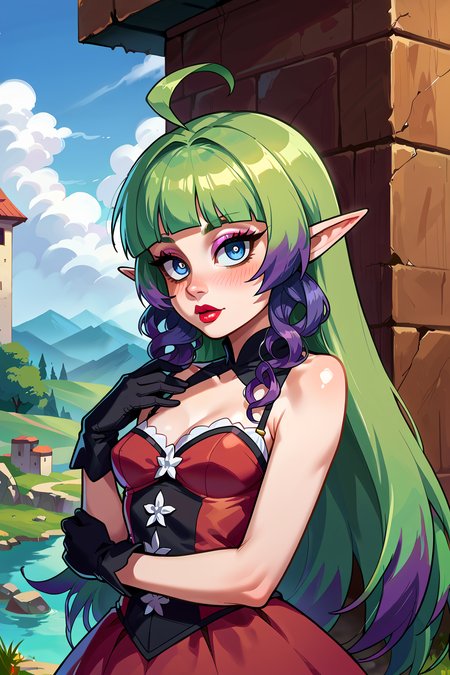 score_9, score_8_up, score_7_up, source anime, uncensored,
1girl, solo,  blush, outdoors, ahoge, upper body,  closed up, eyeshadow, lipstick,
 <lora:PerfectEyesXL:0.8> green eyes, blue eyes, brown eyes, perfecteyes,  <lora:Eye size Slider - PNY_alpha1.0_rank4_noxattn_last:1>,
 <lora:yutam2:0.8> masterpiece, score_9, score_8_up, score_7_up, best quality, purple hair, Gradient Hair, blue eyes, ameth, Green hair, Ameth, Pointy ears, Red skirt, Black stockings, Gloves, Spiral strands, Small breasts