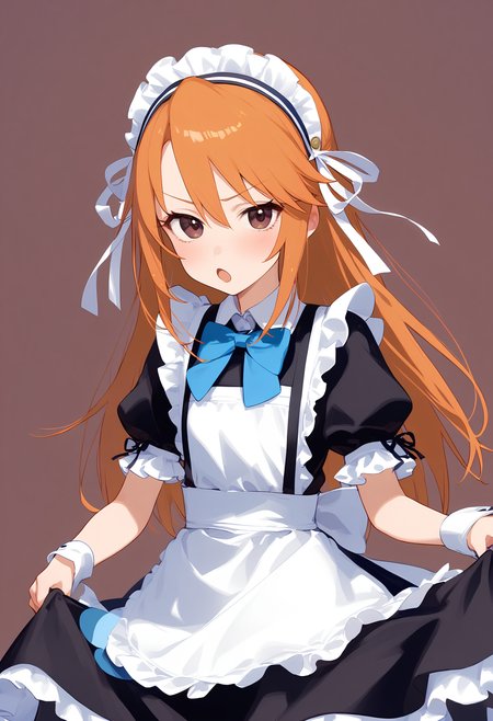 1girl,
yuuki haru,


frilled sleeves, tomboy, skirt hold, looking at viewer, bowtie, blush, blue background, v-shaped eyebrows, alternate costume, brown eyes, dress, orange hair, puffy sleeves, cowboy shot, :o, enmaided, maid headdress, collared dress, long hair, ribbon, standing, bow, short sleeves, maid, puffy short sleeves, blue bowtie, blue bow, frilled dress, simple background, frills, solo, open mouth, hair ribbon, white ribbon,

sfw
<lora:a31_char_new_yuuki_haru-000014:1> <lora:a31_style_koni-000010:0.8>
