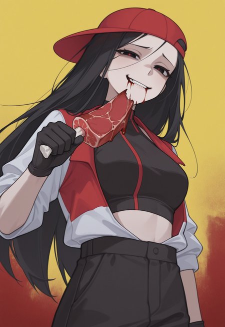 anime, masterpiece, best quality, detailed background, 8k, 1girl, solo, YiXi, black hair, long hair, black eyes, red pupils, baseball cap, red cap, sideways cap, black crop-top, jacket, red and white jacket, black gloves, black pants, parted lips, half-closed eyes, smirk, yellow background, half body, eerie, turning to viewer, staring at viewer, scary, eating meat, bloody meat, blood on mouth,