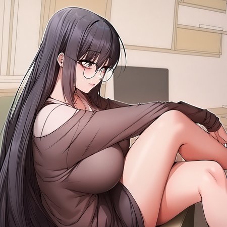 masterpiece,best quality,newest,absurdres,highres,<lora:noobai_ep11_stabilizer_v0.138_fp16:1>,<lora:my_neighbour_1:1>,my_neighbour,glasses,black hair,crossed legs,