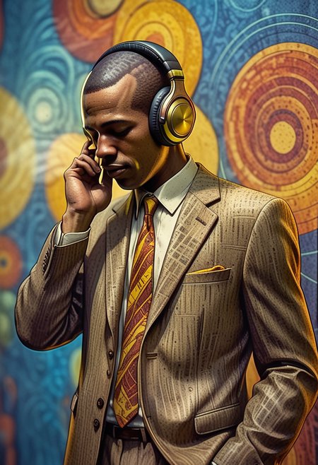 <lora:harlem_renaissance_sdxl_v1:0.8>, harlem_renaissance, a man in a suit and headphones standing in front of a blue background with a red, yellow, orange, and yellow pattern, glossy paper, iso150,  35mm, score_9, score_8_up, score_7_up,  intricate details, Hyperrealism style, 3d, concept-art,dreaminess, psychedelic, shallow-depth-of-field applied,, cinematic lighting, soft bokeh, very beautiful composition, Unreal, real-time 3D, Epic Games style, Unreal Engine style, 3d-rendering, vibrant contrast  depth and shadow enhanced using (Gaussian blur) for a soft background focus, (sharpen filter)  (color grading) to enhance contrast between warm and cool tones, (noise reduction) for a smooth, clean finish, , (HDR toning) used for extra depth and detail, highly detailed dreamy background detailed skin texture, subsurface scattering award-winning, professional, highly detailed . dreamlike, mysterious, provocative, symbolic, intricate, detailed, hyper-detailed, masterpiece, award winning, midjourneyv6.1