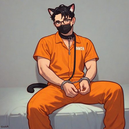 score_9, score_8_up, score_7_up, score_6_up, score_5_up, score_4_up, inmate, male focus, solo, orange jumpsuit, handcuffs, asian, black hair, glasses, black mask, cat ears, collar, leash, sitting, sunna (nilsunna) <lora:PrisonerLyCORIS-Prodigy-000025:0.4>