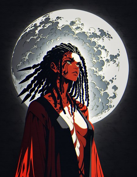concept art score_9, score_8_up, score_7_up, 1girl, futuristic shaman, looking up, ritual robe, cleavage, dreadlocks and feathers, fullmoon in background  <lora:Xenotrip_v.2:1> xenotr1p, colored,  <lora:43stl1ght1ngXLP2:0.5> 43stl1ght1ng, low light, dramatic lighting, darkness, spotlight, chromatic aberration, grain, film grain, volumetric fog, light rays, godrays . digital artwork, illustrative, painterly, matte painting, highly detailed