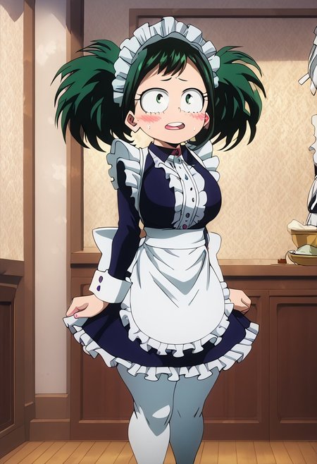 score_9, score_8_up, score_7_up, score_6_up, <lora:My_Hero_Academia:1>, 1girl, slimes_labrava, big twintails, green hair, green eyes, freckles, blush, open mouth, shortstack, perfect round breasts, large butt, bubble butt, thick thighs, (short:1.4), (big ass, large breasts, wide hips), (glossy skin:1.2), ultra-detailed,  juicy ass, standing, fFaceDetail, (indoors, living room, detailed background), blush, embarrassed, ((sexy maid outfit, short dress, long sleeves, sidelocks, frills, puffy sleeves, indoors, white ribbon, frilly dress)),