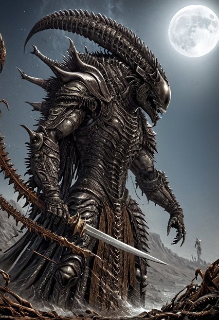 A fantastical image of a silver Xenomorph knight, clad in flowing, flowing robes, wielding an ornate, ornate blade. they wield the sword in a fluid, dynamic motion. The moon's reflection highlights their magical power, solo, wide angle, art by hr giger, Rusted, rusted landscape,