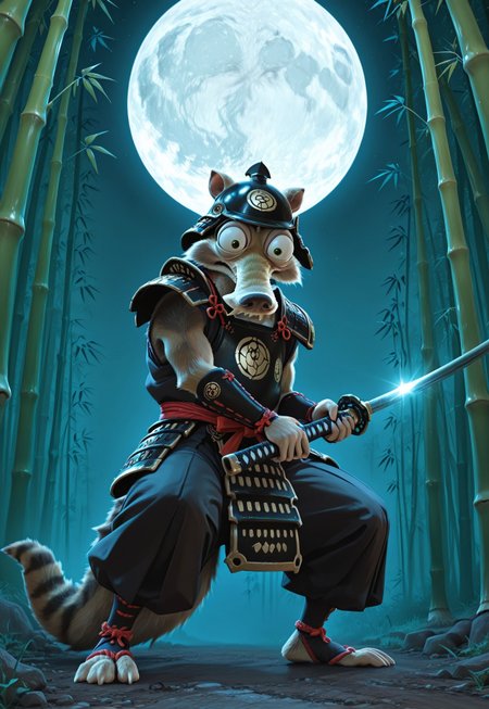Masterpiece, newest, highest quality, absurdres, aesthetic, 1boy, solo, Scrat, long snout, bushy tail, bulging eyes, striped tail, samurai helmet, holding katana, reflecting moonlight, battle stance,  bamboo forest background, detailed background, large moon, closeup,