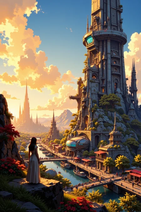 a city full of futuristic and science fiction buildings beautiful  landscape, golden hour, woman, very intricate, very detailed, sharp, bright, colorful, <lora:Hand v2:0.5> <lora:Anti-Blur:1><lora:Insane Detail Slider:0.25>  <lora:flux.1_lora_flyway_Epic-detail_v2:0.3> <lora:fluxenhancer:0.25> <lora:ROWER:0.6> <lora:flux-charmer-v1-1:0.4> <lora:Vibrantly_Sharp_style_v.5:0.3> <lora:realanime:0.8>