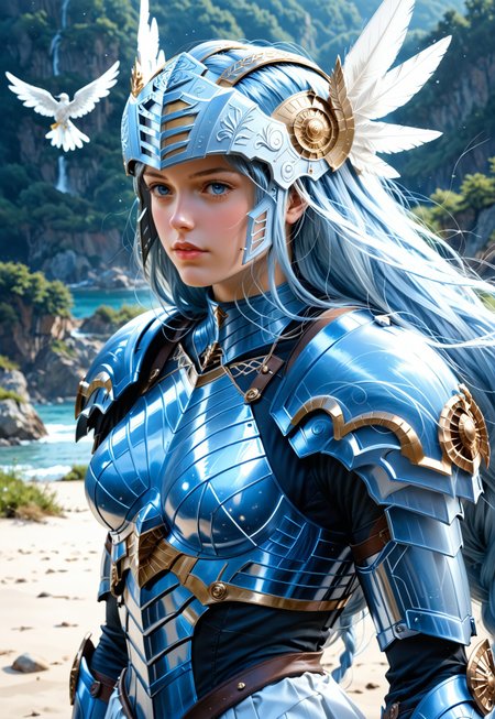 Beautiful woman, 24 years old. Fair skin. Smooth skin. Silvery blue hair. Incredible detail, high clarity. Free hair with braids. Long hair. Lips. 

Valkyrie helmet, winged helmet, beaked helmet.

Deep blue armor, metal armor, smooth armor. White pleated skirt. Good anatomy. Detailed face. 