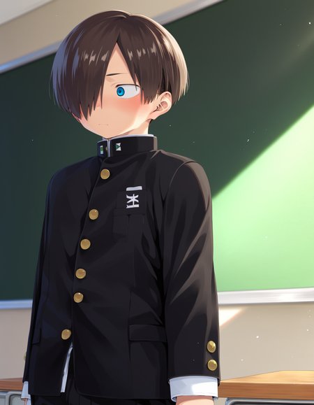score_9, score_8_up, score_7_up, score_6_up, source_anime, 2015s, indoors, chalkboard, sunlight, cowboy shot, 1boy, solo, kyoutarou_ichikawa, brown hair, blue eyes, short hair, hair over one eye, bangs, school uniform, gakuran, black pants, standing, looking away, blush <lora:shounen_zoom-amxl-v7Pe-ShoAI:1> <lora:kyoutarou_ichikawa_pony:0.8>