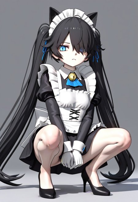 (3D),((((MMD)))),(Maid-kasli), solo, white gloves, dress, hair over one eye, maid apron, blue eyes, twintails, cat ears, maid headdress, maid, gloves, 1girl, apron, juliet sleeves, long sleeves, long hair, black hair, animal ears, bell,(Fall down),(squatting down, heels touching each other, legs fully extended outward)
