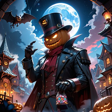 score_9, score_8_up, score_7_up, masterpiece, source_anime, intricated details, concept art, dark fairy tale, steampunk style, cowboy shot, low angle, shallow depth of field, pjSMT, pokemon \(creature\), (a headless horseman wearing Jack-O'-Lantern on his face:1.5), he wearing red aviator scarf, handcuffs, biker jacket, top hat, giving candy, giving treat pose, blush, embarrased, cute ghost, pumpkin village, pink and blue color sky and mist, full moon, starry sky, novuschroma62 style, <lora:add-detail-xl:0.7>,  <lora:zavy-cntrst-sdxl:0.9>,  <lora:novuschroma62 style_:0.8>,  <lora:PyroJackSMT-pdxl:0.8>