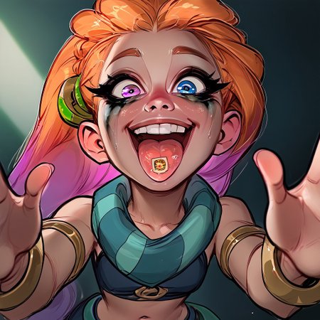 1girl, (ruined makeup:1.25), (excited:1.9), (solo), extreme close-up, intense dynamic angle from below, very near picture, macro shot focused on face, score_9, score_8_up, score_7_up, score_6_up, source_cartoon, Expressiveh, ZoeLoLXL, purple eyes, (blue eye:1.1), heterochromia, orange hair, multicolored hair, gradient hair, long hair, single braid, hair ornament, forehead, small breasts, green scarf, striped scarf, bare shoulders, blue midriff, necklace, armlet, bracelet, navel, blue shorts, green belt, blue legwear, toeless legwear, show only face, 34tp4p3r, open mouth, tongue out with a small, detailed stamp on the tongue, camera positioned close to face at a slightly low angle, arms reaching towards the camera, hands extended forward, foreshortened arms, perspective focus on hands and face.