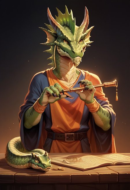 (score_9, score_8_up, score_7_up, score_6_up),(EasyNegativeV2:1.3), 
PonyXLV6_Scores, detailed,source_furry, rating_safe, 
Anthro, male anthro greendrg  bard,  (male focus), wearing colorful clothing, a flute hanging on his belt,  horns, green scales, snake eyes, dnd_dragon, male anthro half dragon,claws, horns, tail, yellow eyes, dark green horns, green scales , tail, extremely detailed,