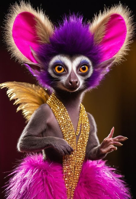 Create a humorous depiction of an Aye-Aye that is dressed as a drag queen. The Aye-Aye, a type of lemur with large, expressive eyes and long, slender fingers, is presented in a glamorous drag queen ensemble. Its fur is adorned in vibrant, shimmering colors like pink, purple, and gold, and it sports a sparkling, glittering hat that accentuates its wild and eccentric personality. Striking an elegant pose with a touch of theatrical flair, the Aye-Aye shines on stage, ready to charm the audience with its fabulous performance.