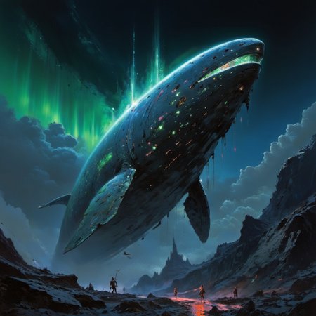 A detailed close-up of a full bioluminescent whale swimming in a sea of ​​clouds, that seem to shimmer with cosmic energy. Her eyes is beautiful. Her skin is speckled with glowing particles that resemble stars. The image is set against a starry night sky, with light of distant stars, creating a cosmic and surreal atmosphere. The style is highly detailed, with a digital art feel, using a vibrant palette of colors and glowing blues, greens and pinks. Soft, dreamlike lighting enhances the mysterious and celestial mood of the image. the sky is dotted with aurora borealis.  <lora:artisketchyfs-v02:0.83> <lora:FLUXRetroSciV3:0.53> RetroSci style, <lora:flux.1_lora_flyway_Epic-Characters_v1:0.43>