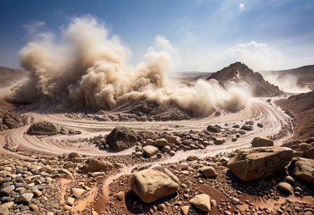 a turbulent atmosphere, where the sky is obscured by a swirling mass of dust and stones.