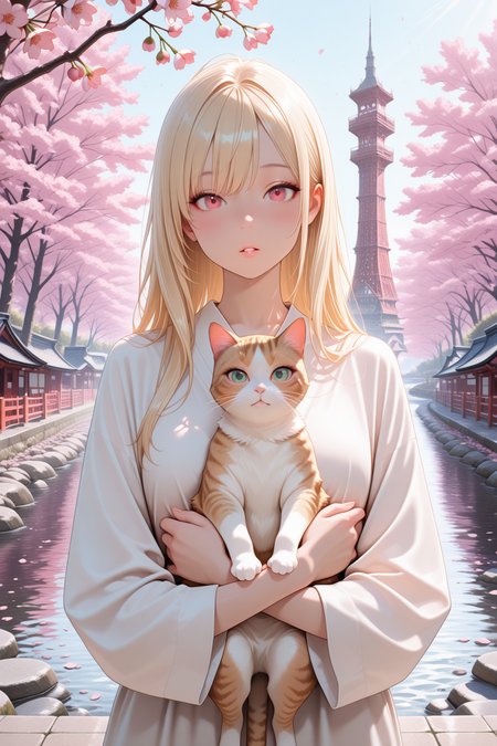 lazypos, perfect anatomy, absolutely eye-catching, ambient occlusion, amazing quality, best quality, very awa,
1girl, solo, Blushing, long hair, looking at viewer, parted lips, blonde hair, red eyes, cute, holding cat, Cherry blossom tree, tower, river,
 <lora:super_secret_lora_not_released:2> <lora:TrendCraft_The_Peoples_Style_Detailer-v2.3I-4_15_2025-Illustrious:0.4>