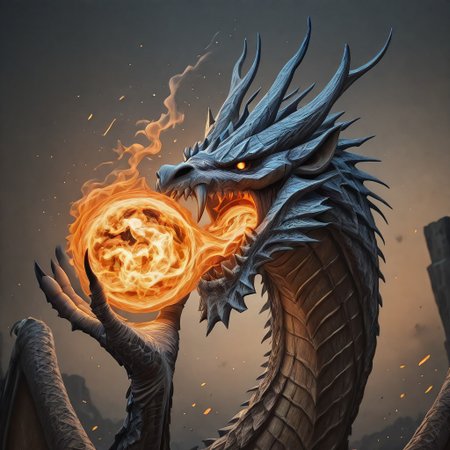 A dragon head made entirely of bone structure surface, undead dragon holding and creating a fireball inside his mouth.