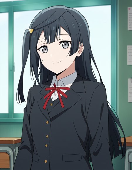 score_9, score_8_up, score_7_up, source_anime, <lora:setsuna-yuuki-s2-ponyxl-lora-nochekaiser:1>, setsuna yuuki, yuuki setsuna (love live!), long hair, bangs, black hair, sidelocks, grey eyes, one side up, hair ornament,, skirt, long sleeves, school uniform, jacket, red ribbon, black jacket, blazer, nijigasaki academy school uniform,, indoors, smile, looking at viewer, solo,, cowboy shot, dutch angle