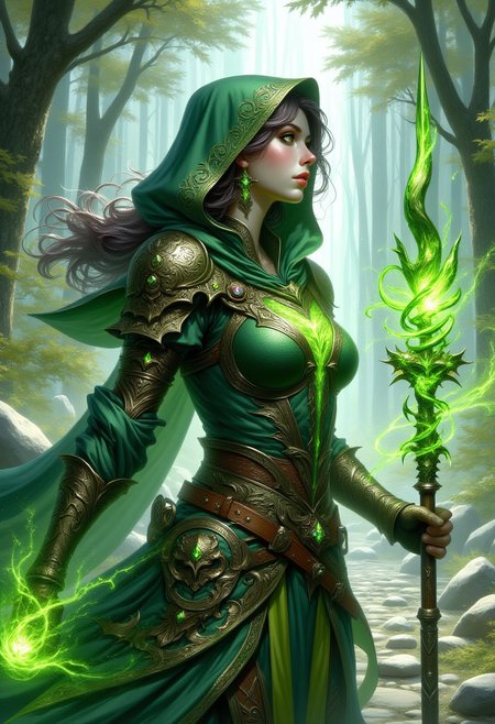 realistic scenery, ultra high quality, very detailed, a gorgeous earth elementar sorceress wearing green body armor and holding a green entchanted mage battle staff, from below, <lora:Elementalists>