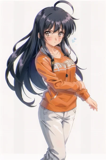 retro style , 1girl , solo , medium breast , bang , ahoge, long hair , blush, standing , shirt, pant , looking at viewer, <lora:retro_style:0.9>