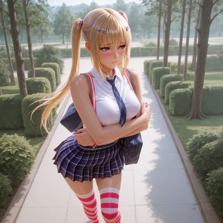 (masterpiece, best quality,solo,from behind:1.4),highres,illustration,8k,Ultra_realistic,(foreshortening,  collarbone),(shiny eyes,shy,blush,hug:1.2),
Asuka Anders,striped clothes,thighhighs,twintails,purple eyes,blonde hair,striped thighhighs,suspenders,necktie,skirt,sleeveless,plaid skirt,marie rose,feet,hair ornament,hairclip,school uniform,plaid,upskirt,long hair,long hair,pleated skirt,purple nail polish,collared shirt,sleeveless shirt,bag,zettai ryouiki,
medium breasts,bouncing breasts,outdoors,school,tree,bush,<lora:aidmaImageUpgrader-v0.3-IL:0.6>,<lora:Asuka_Anders(IL):0.85>,