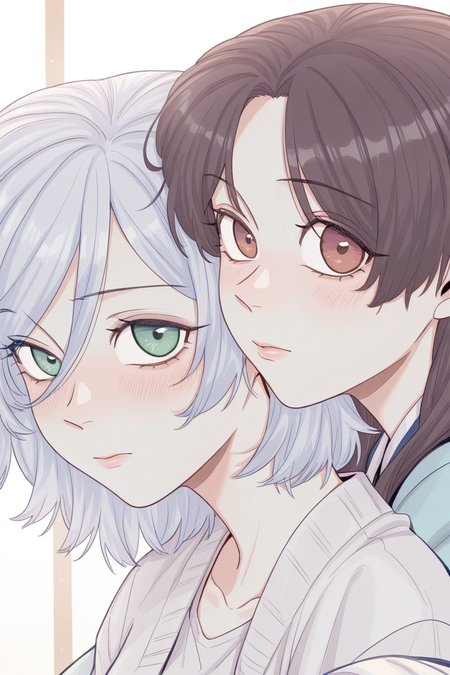 masterpiece, best quality, amazing quality,
 <lora:Girltrap_IL:1> strgrltrp, multiple girls, 2girls, green eyes, yuri, brown hair, looking at viewer, long hair, grey hair, hug, short hair, blush, hug from behind, portrait