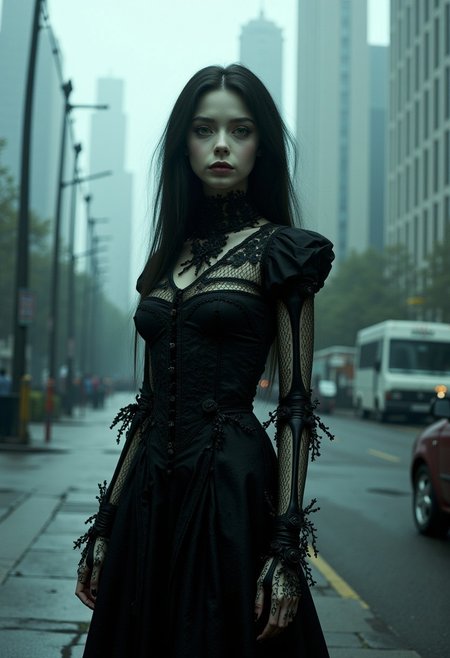 long haired, A female character with a delicate doll-like face and luminous green eyes, wearing a gothic Victorian dress entwined with roses and vines. She stands in a dimly lit city park, her mechanical skeletal features exposed and intricately detailed with floral patterns. The scene is set against a foggy backdrop of a modern cityscape with towering skyscrapers, cracked pavement, and abandoned vehicles, all captured in extreme realism with a 35mm camera filter.
