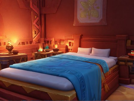 no humans, genshin impact, General, ririko \(fhnngririko\), dynamic angle, natlan, hotel, fantasy, bed, scenery, lamp, indoors, pillow, candle, bowl, blanket, masterpiece, best quality, absurdres, highres