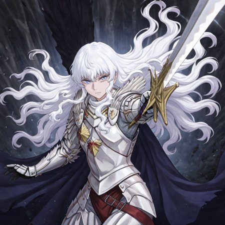 masterpiece, best quality, newest, absurdres, highres, 
INCSV1.0, incoming attack, holding sword, sword, holding weapon, holding, weapon,
1boy, griffith_(berserk), white hair, blue eyes, wavy hair, armor,