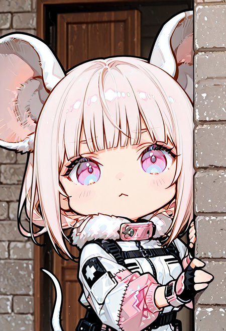 masterpiece, ultra-HD, very aesthetic, 8K, high detail, depth of field, score_9, score_8_up, high detail, 
BREAK 
BREAK
1girl, solo, light black hair, medium-length hair, blunt bangs, flowing hair, Light pink flared sleeves, light pink cropped flight jacket, white base with black pattern tight combat suit, white fur collar, zippered opening, unzipped, patchwork style, high collar, fingerless gloves, wrist guards, functional belt, hip accessory, safety harness buckle, oversized rat ears, chibi, 
BREAK
 brick wall, peeking out, hiding, 
BREAK
kilroy was here, meme, 
BREAK
<lora:Rat_Chibi:1>, <lora:IL_kilroy_was_here:1>,