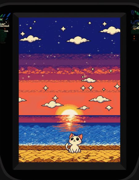 gmgzzz, solo, blush, sitting, outdoors, sky, cloud, water, star , (symbol), no humans, sparkle, ocean, animal, cat, cloudy sky, looking up, sunset, animal focus, fake screenshot, pixel art, video game, game gear, <lora:GameGearPDXL:0.85> PonyXLV6_Scores