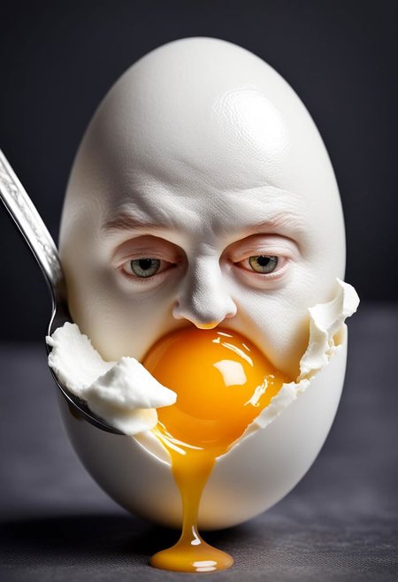 Boiled egg with shell, egg white, egg yolk and spoon sticking in egg looks like a human head, morph, photo realistic
