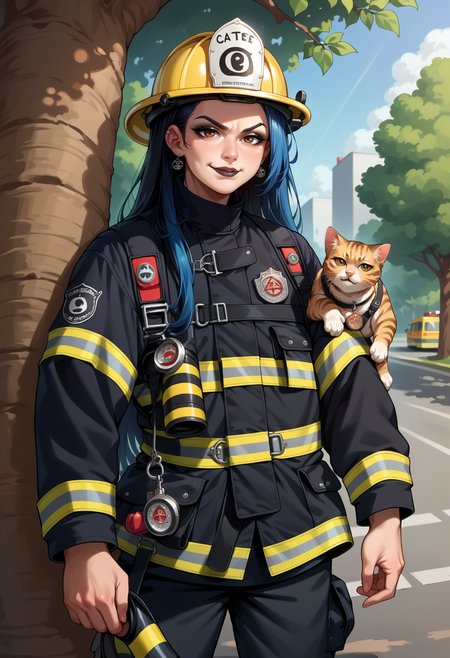 score_9, score_8_up,score_7_up, source_anime, 1girl, black hair, blue hair, very long hair, brown eyes, smirk, black eyeliner, black lips, black makeup, emo girl, pentagram earrings,  facing viewer, medium, EPFireFighter, <lora:EPFireFighterPony:1.0>, wearing EPFireFighter, jacket, black jacket, pants, black pants, harness, looking at viewer, walkie-talkie, helmet, yellow headwear, street, tree, ladder against tree, holding a cat, cat