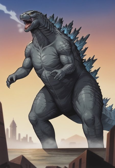 score_9_up, score_8_up, score_7_up, source_anime, anime screencap, retro anime style, wide angle, monster focus, BREAK, godzilla, spines, feral, male, godzilla, grey skin, sharp teeth,open mouth,yellow eyes, solo, flat color, outdoors, gigantic monster, BREAK, an island, island with a huge dark cave, darkness, sprawling underground anciet city, reclaimed brutalism, stone buildings, stone towers, bridges, smoke, steam, steam_swirls, bridges, waterfall, ivy, (masterpiece:1.2), best quality, (hyperdetailed, highest detailed:1.2), high resolution textures, Sunny, very detailed, atmospheric haze, forced perspective, blurry background, building, Original video animation style,